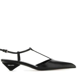 Prada Black Leather Logo Embossed Pointed-Toe Pumps - Kitten Heels